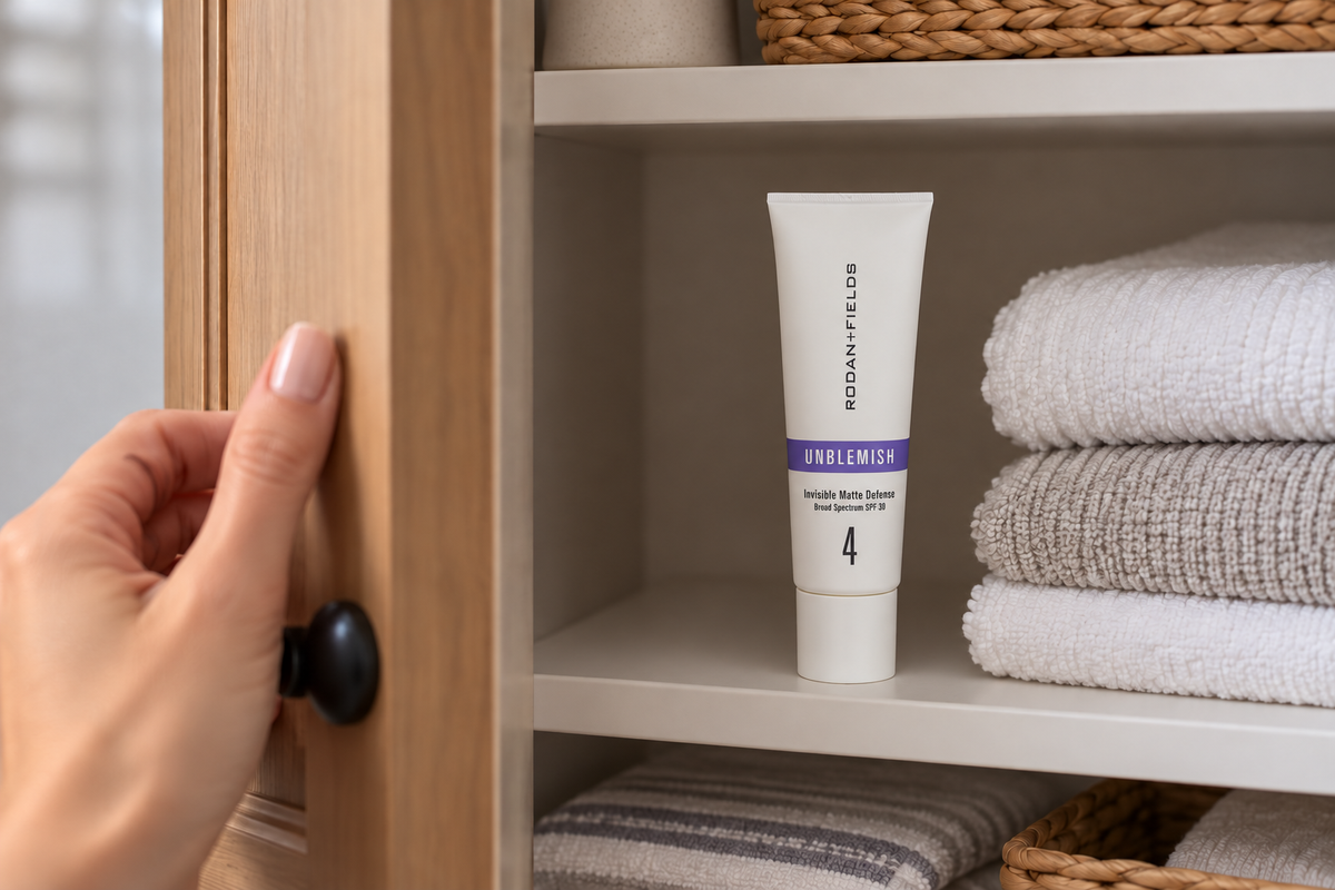 A closed UNBLEMISH tube standing beside folded linens in an indoor cupboard