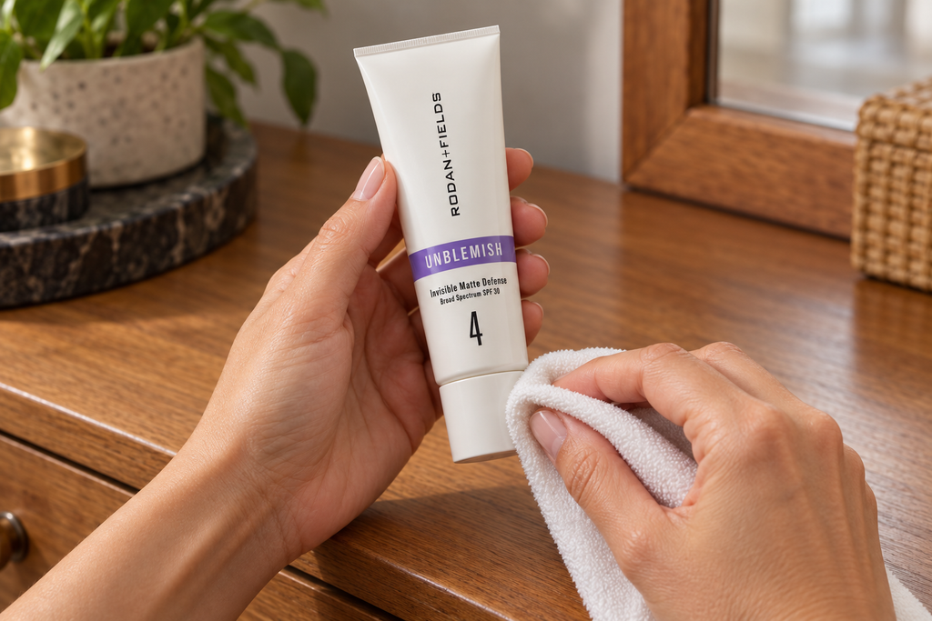 A person wiping the outside of the closed UNBLEMISH sunscreen cap with a soft cloth
