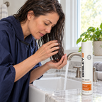 Adult working through wet hair lengths over a home basin beside the older BosleyMD BosRevive Color Safe Volumizing Conditioner 300 mL bottle