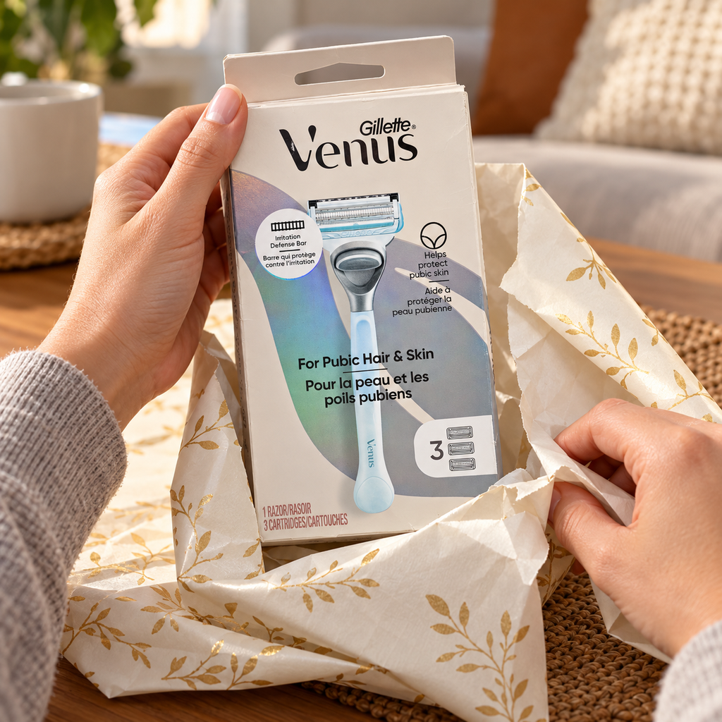 Adult hands unwrap a closed Gillette Venus For Pubic Hair & Skin carton labeled one razor and three cartridges.