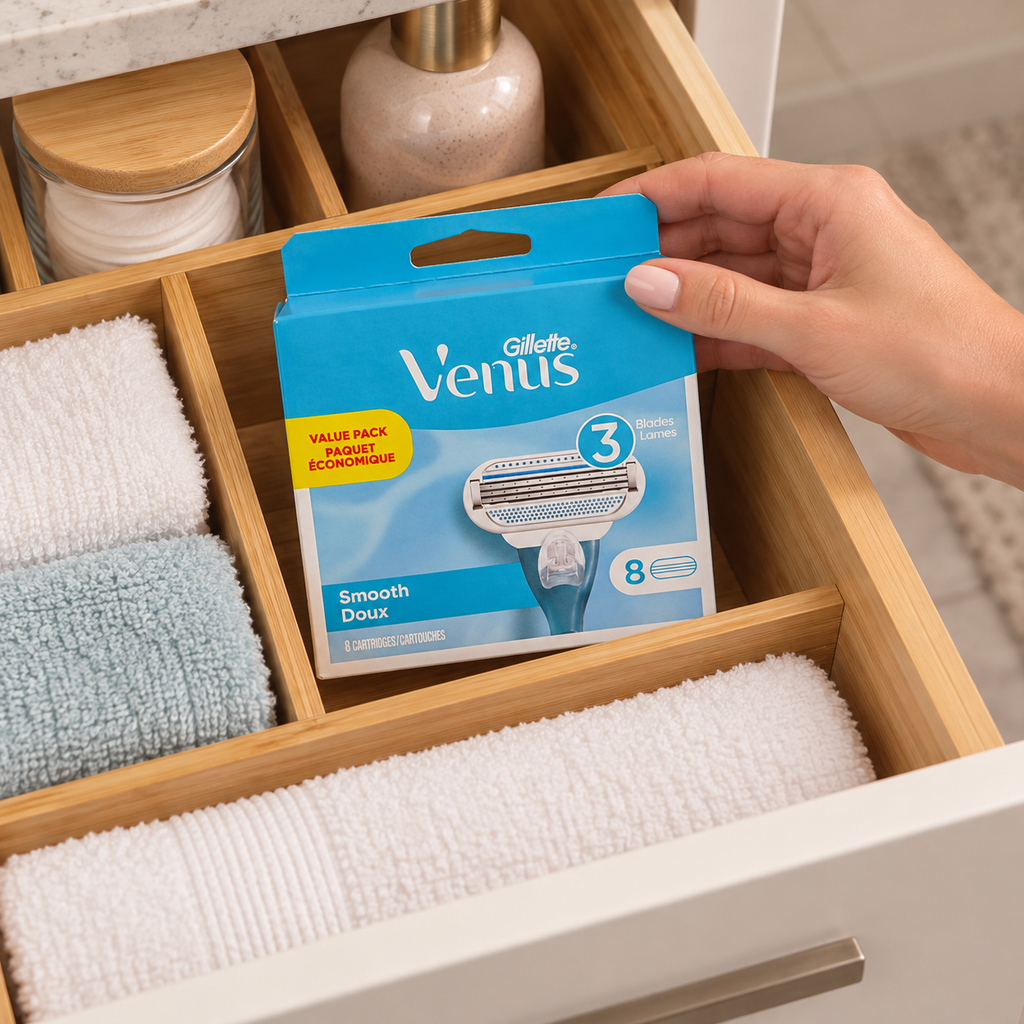 Gillette Venus Smooth eight-cartridge box stored in a bathroom drawer