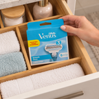 Gillette Venus Smooth eight-cartridge box stored in a bathroom drawer