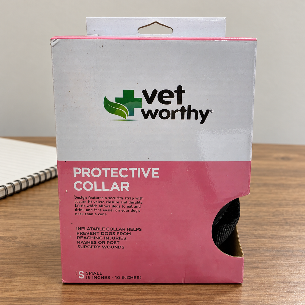 AI-generated lifestyle scene of one boxed Vet Worthy protective collar, Small 6–10 inch example, in a care table setting. Select the appropriate size; props not included.