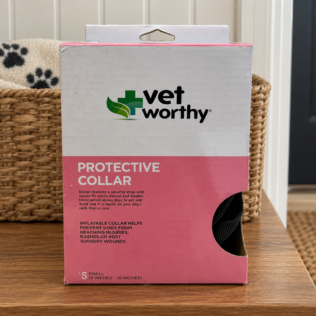 AI-generated lifestyle scene of one boxed Vet Worthy protective collar, Small 6–10 inch example, in a entry station setting. Select the appropriate size; props not included.