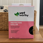 AI-generated lifestyle scene of one boxed Vet Worthy protective collar, Small 6–10 inch example, in a entry station setting. Select the appropriate size; props not included.