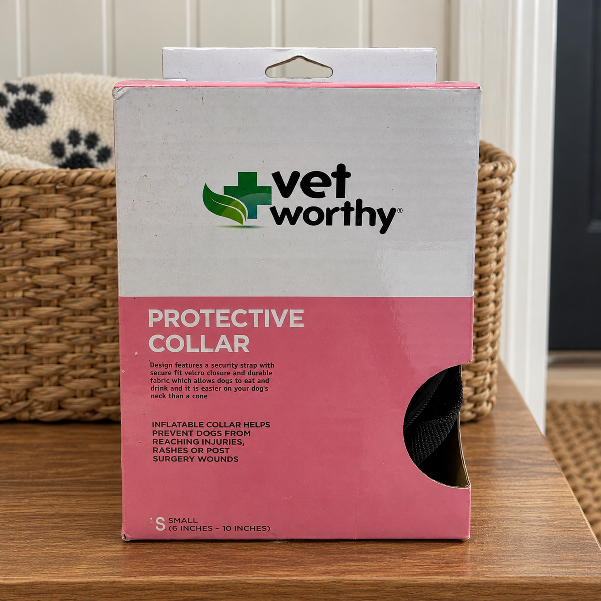 AI-generated lifestyle scene of one boxed Vet Worthy protective collar, Small 6–10 inch example, in a entry station setting. Select the appropriate size; props not included.