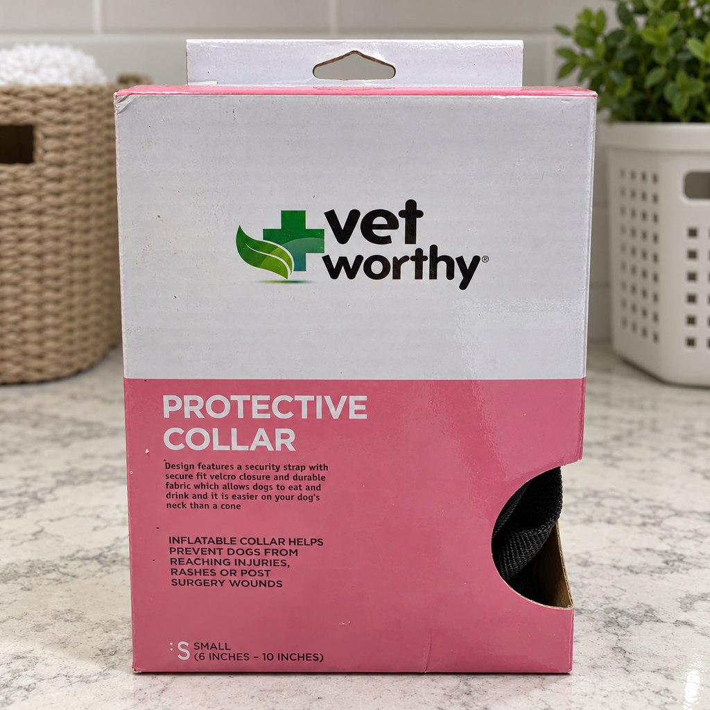 AI-generated lifestyle scene of one boxed Vet Worthy protective collar, Small 6–10 inch example, in a utility counter setting. Select the appropriate size; props not included.
