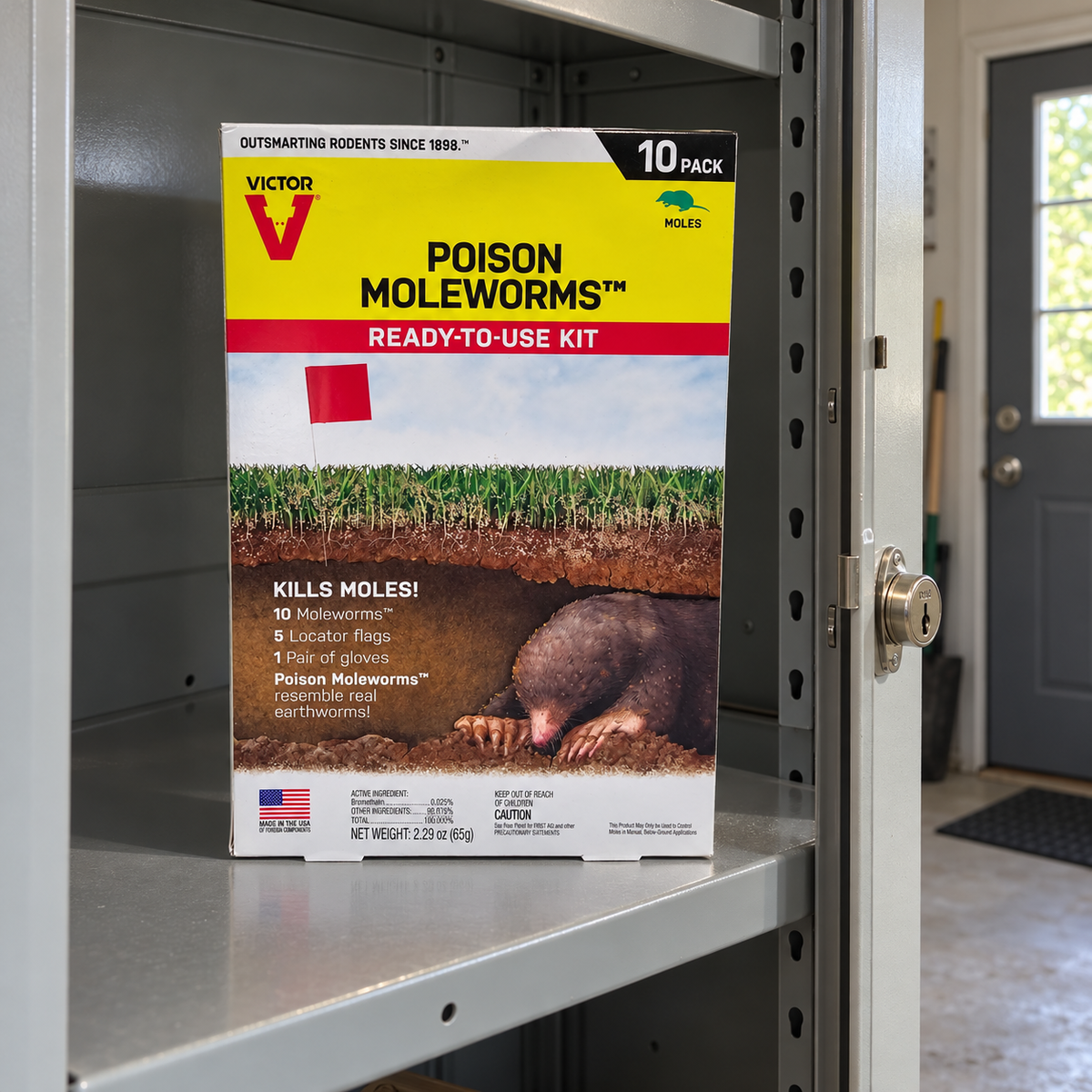 Illustrative scene of Victor M6009 Poison Moleworms Ready-to-Use Kit, 10 Baits in its retail package in a gray lockable utility cabinet