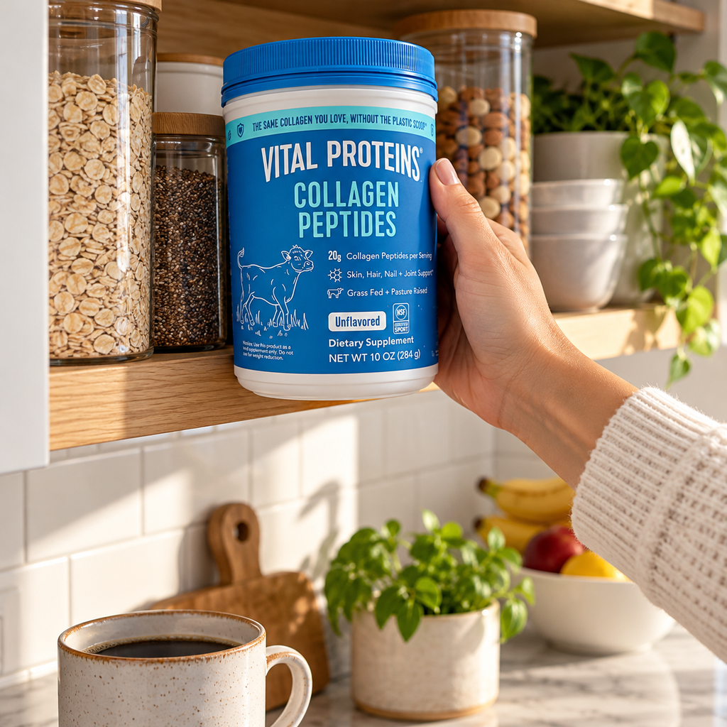 Taking a Vital Proteins Collagen Peptides tub from a kitchen shelf