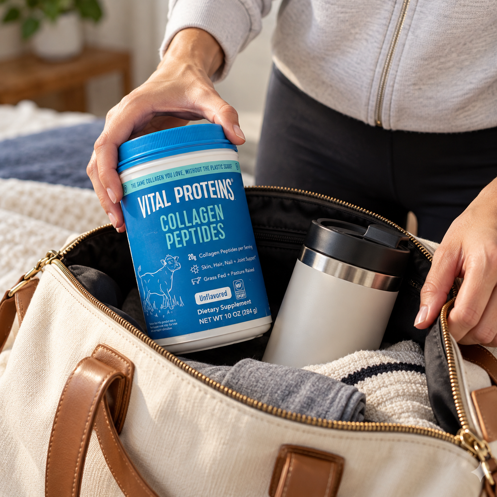 Packing one 10 oz Vital Proteins Collagen Peptides tub for a trip