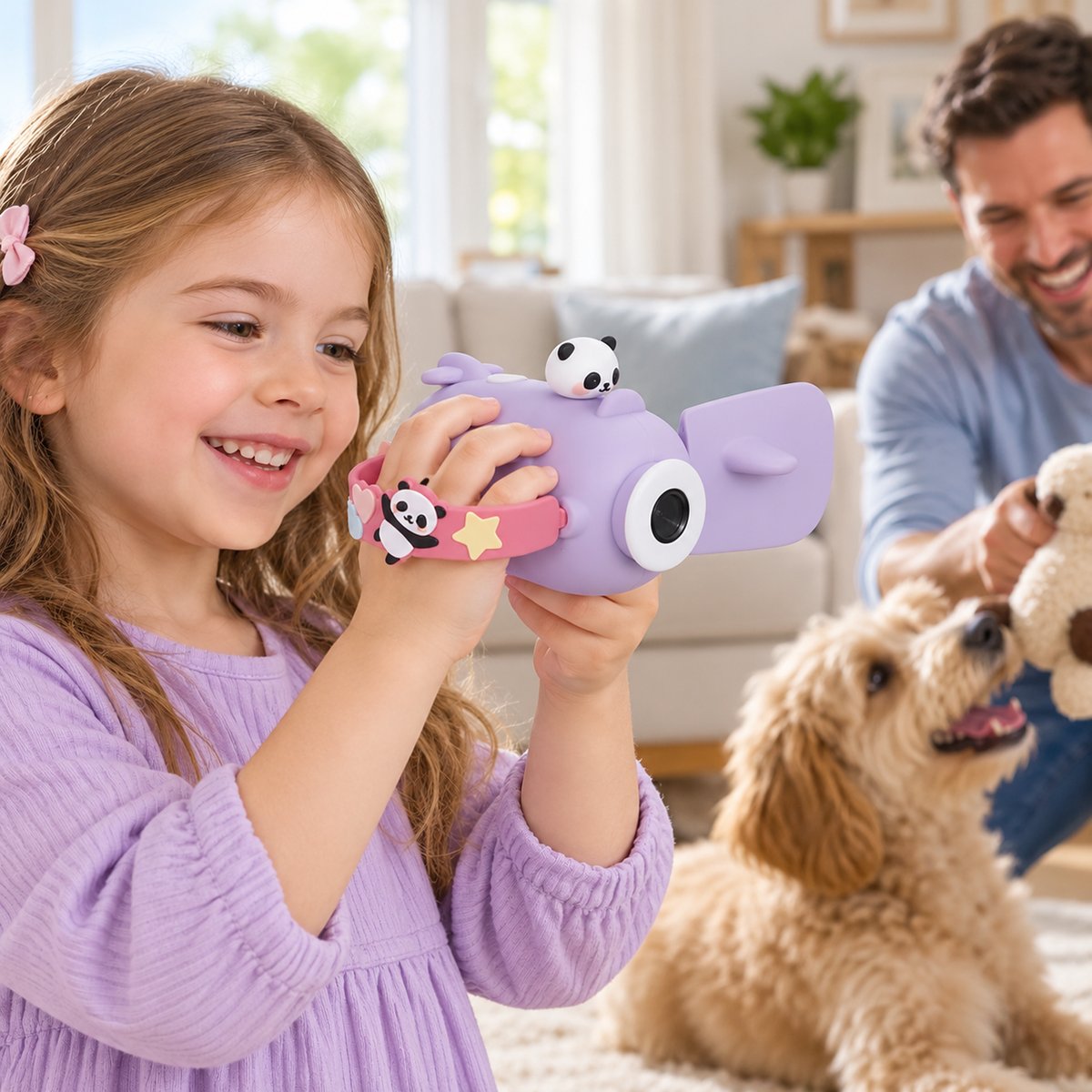 Child using a lavender Vivitar Kidzcam Panda camcorder with its pink side handgrip during family play.