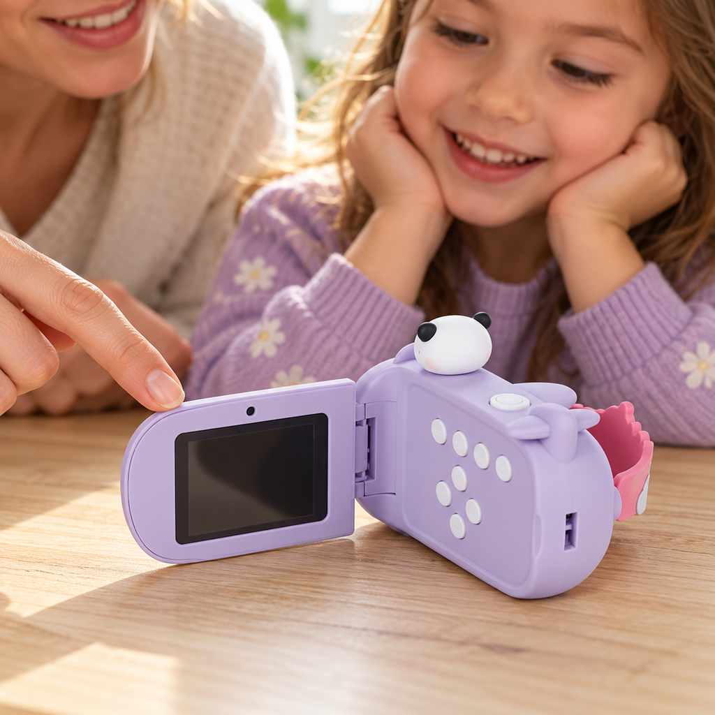 Parent and child examining the open side screen and white controls of a lavender Panda Kidzcam camcorder.