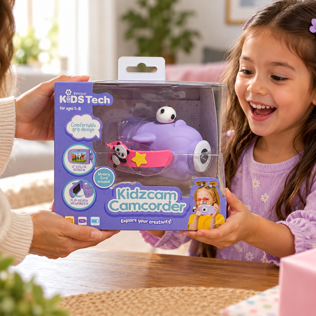 Child receiving a boxed Vivitar Kidzcam Panda camcorder as a gift.