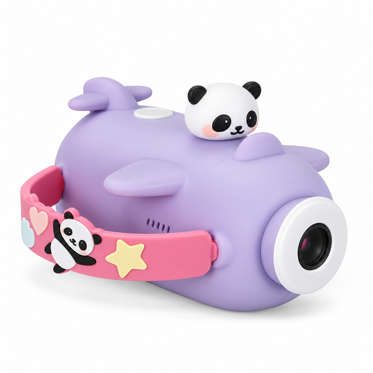 Purple Panda Vivitar Kidzcam camcorder with a lavender body, white lens ring and pink panda-decorated handgrip on a white background.