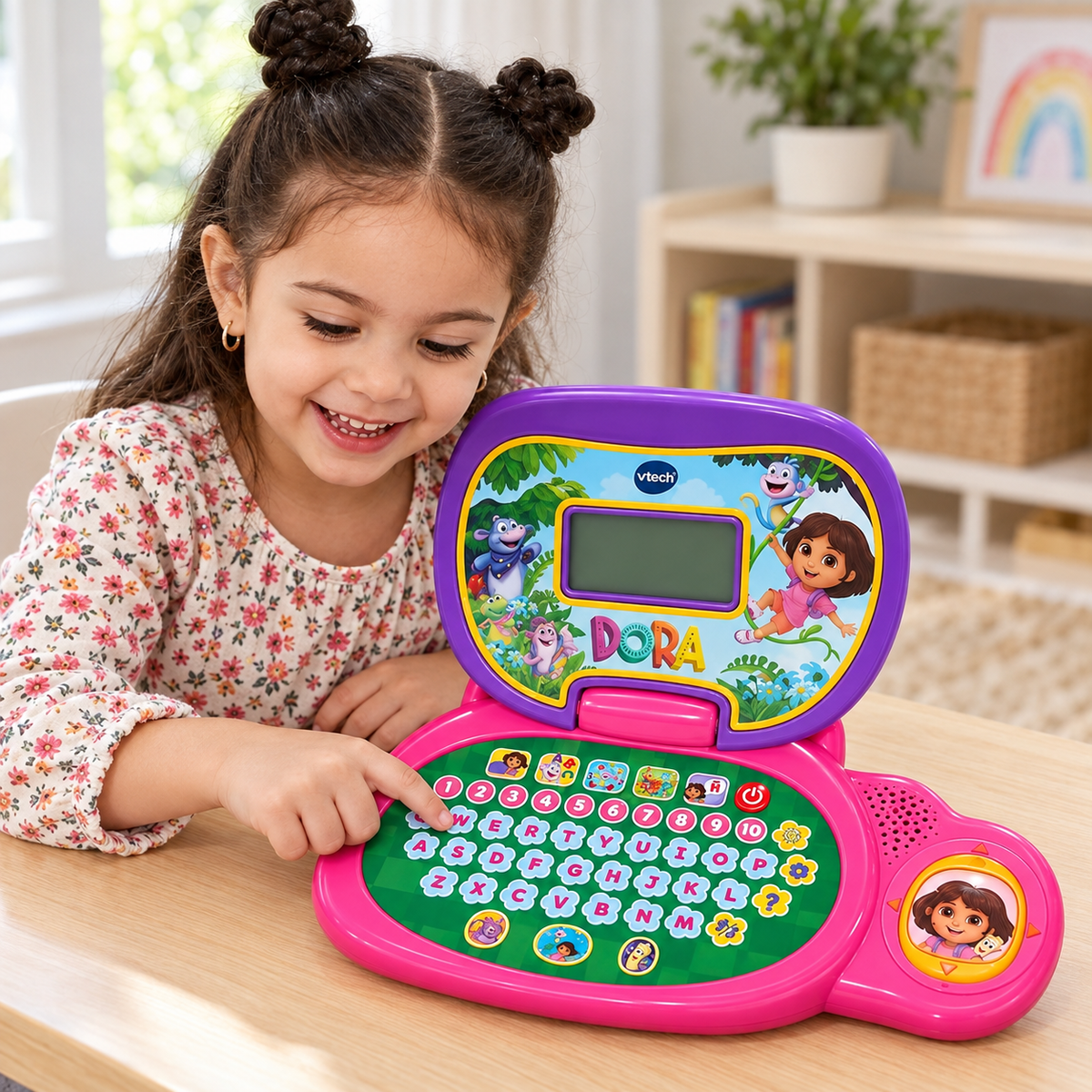 AI-generated lifestyle illustration of a child using the laptop at a table, showing the pink and purple VTech Dora design and attached orange mouse.
