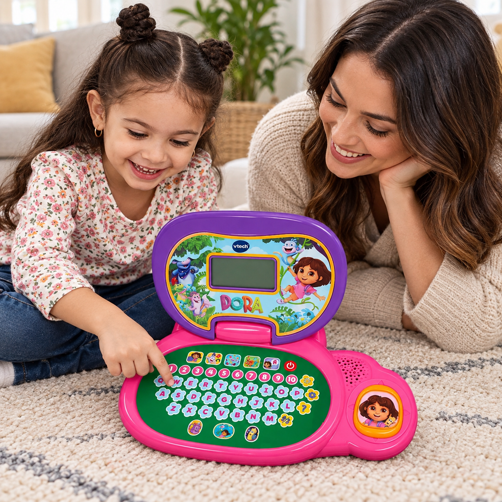 AI-generated lifestyle illustration of a parent and child exploring the laptop on a rug, showing the pink and purple VTech Dora design and attached orange mouse.