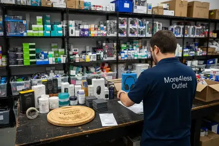 Chad at the More4less Outlet warehouse with shelves of in-stock products
