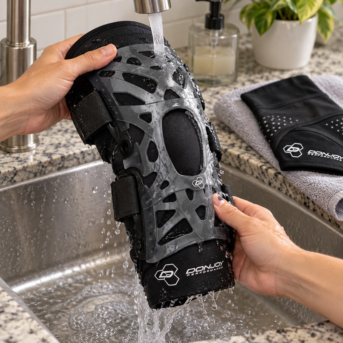 Rinsing a DonJoy Webtech knee brace by hand at a sink