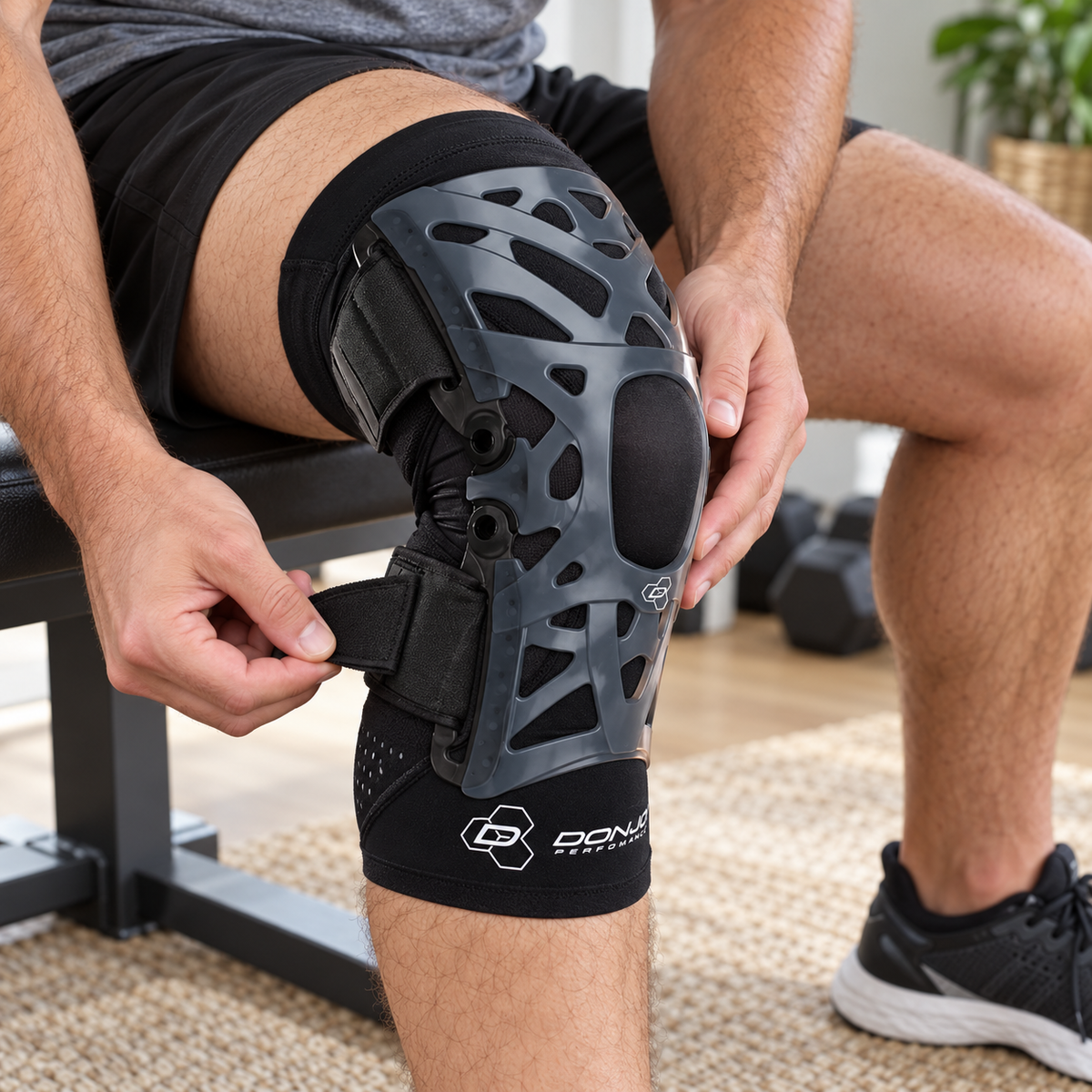 Adjusting the lower strap of a DonJoy Webtech knee brace while seated