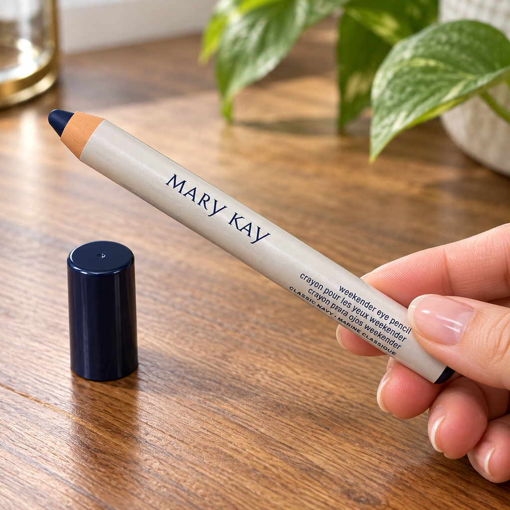 Mary Kay Weekender Classic Navy eye pencil held above a wooden dressing table