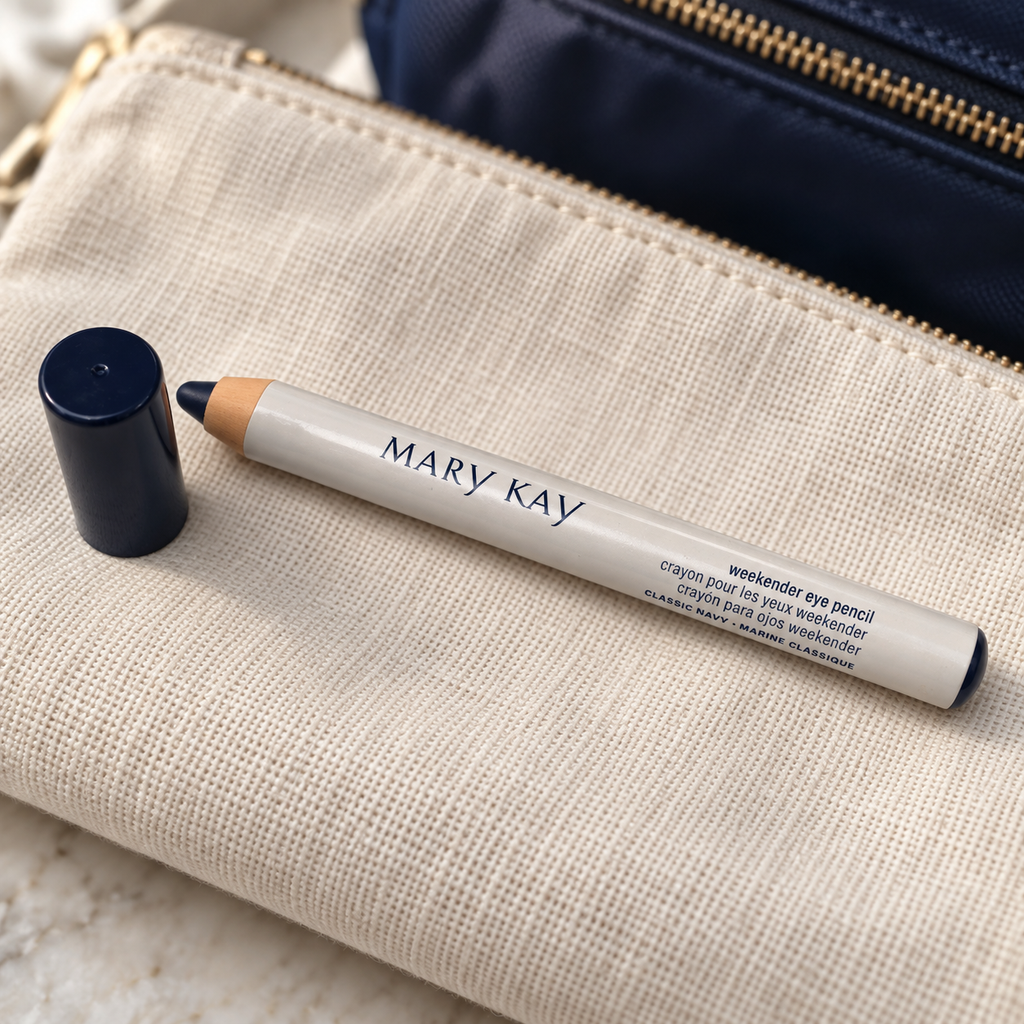 Mary Kay Weekender Classic Navy eye pencil and cap on a cream travel pouch