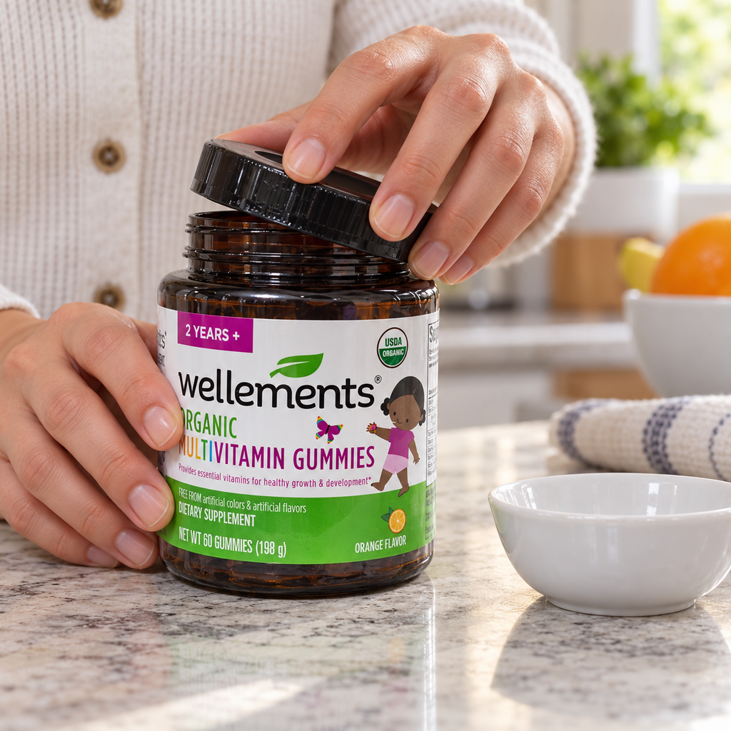 Adult opening a Wellements Organic Multivitamin Gummies bottle