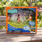 AI-generated lifestyle scene of one closed Wham-O Classic Water Jump Rope box on a backyard bench. People and water appear only in printed packaging artwork; props not included.