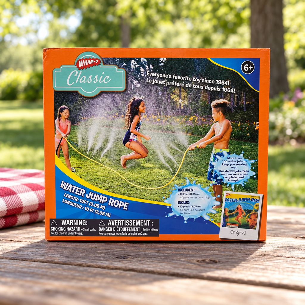 AI-generated lifestyle scene of one closed Wham-O Classic Water Jump Rope box on a picnic table. People and water appear only in printed packaging artwork; props not included.