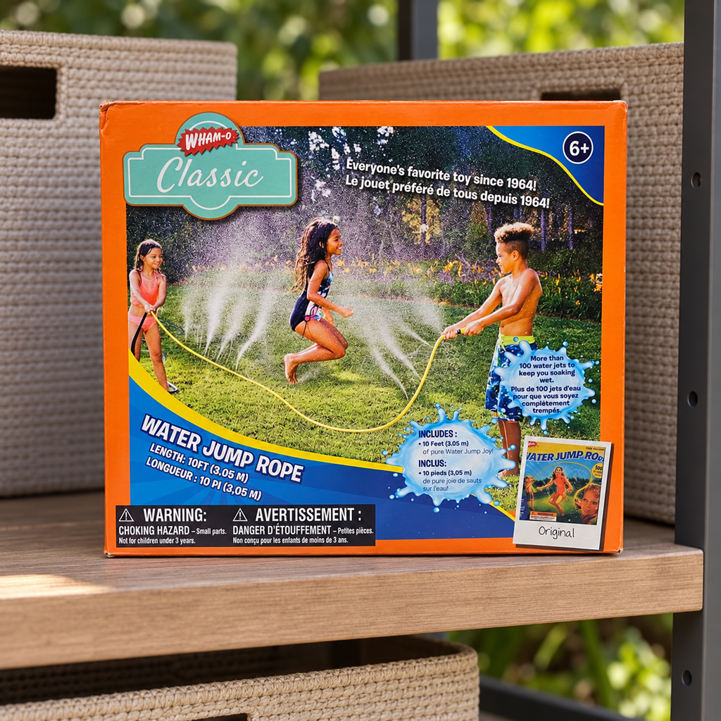 AI-generated lifestyle scene of one closed Wham-O Classic Water Jump Rope box on a toy storage shelf. People and water appear only in printed packaging artwork; props not included.