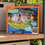 AI-generated lifestyle scene of one closed Wham-O Classic Water Jump Rope box on a toy storage shelf. People and water appear only in printed packaging artwork; props not included.