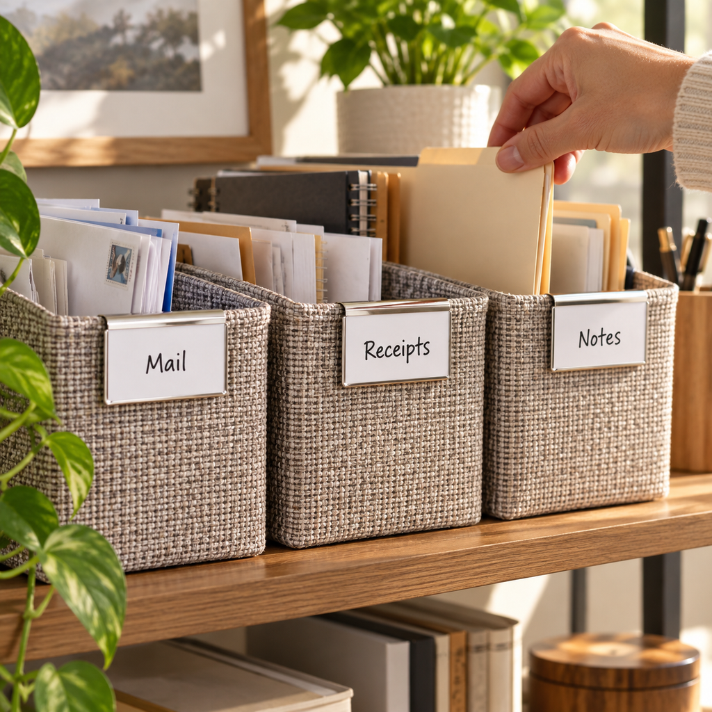 AI-generated illustration of Whitmor label clips used to identify office storage bins; baskets, bins and background props not included.