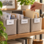 AI-generated illustration of Whitmor label clips used to identify office storage bins; baskets, bins and background props not included.