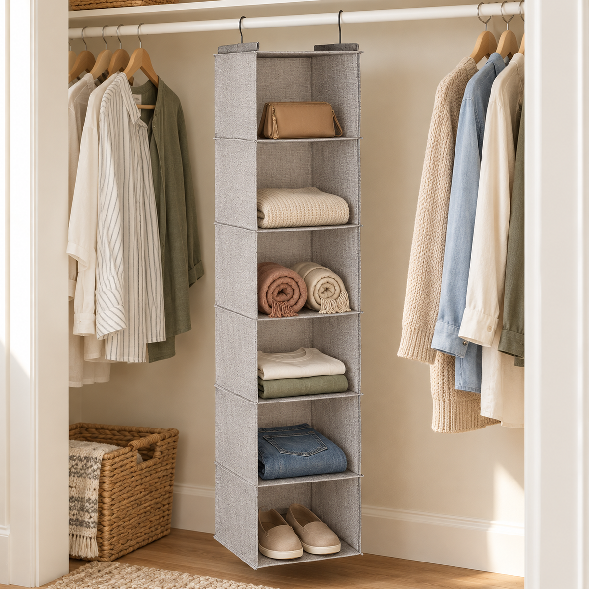 AI-generated lifestyle illustration of Whitmor light grey six-section hanging shelves in a bedroom closet