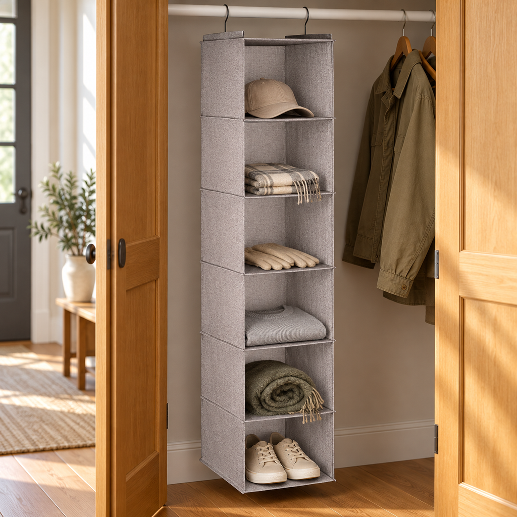 AI-generated lifestyle illustration of Whitmor light grey six-section hanging shelves in an entry wardrobe