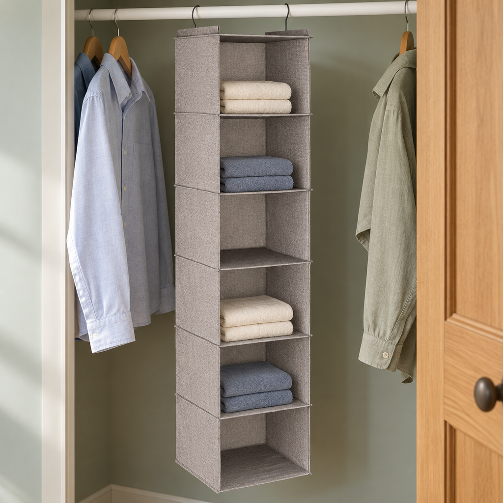 AI-generated lifestyle illustration of Whitmor light grey six-section hanging shelves in a guest-room linen closet