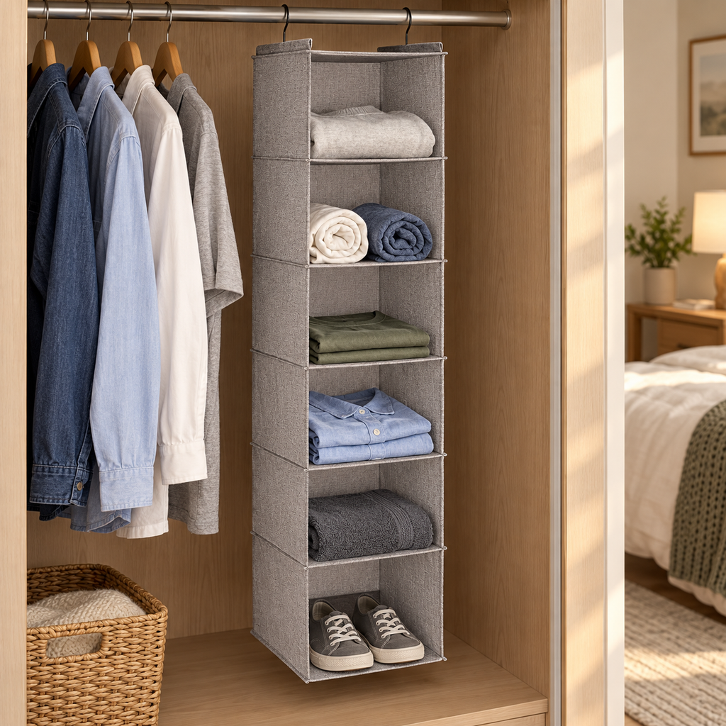 AI-generated lifestyle illustration of Whitmor light grey six-section hanging shelves in a student wardrobe
