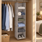AI-generated lifestyle illustration of Whitmor light grey six-section hanging shelves in a student wardrobe