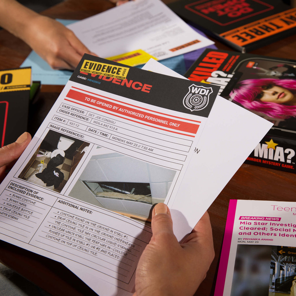 Hands examining a Who Killed Mia evidence report beside the game box and case documents.