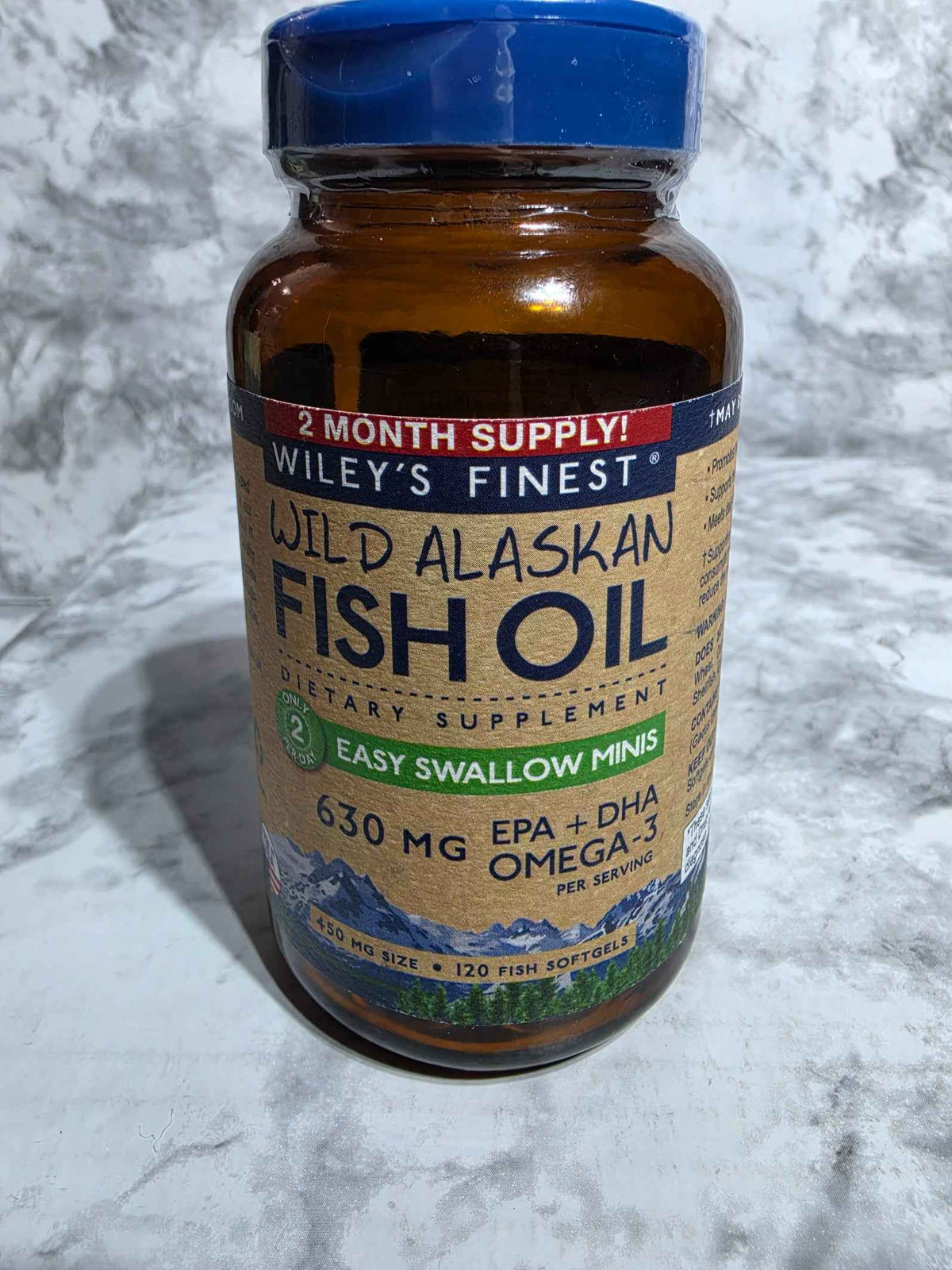 Actual stocked Wiley's Finest Easy Swallow Minis Wild Alaskan Fish Oil bottle, 120 softgels, front label