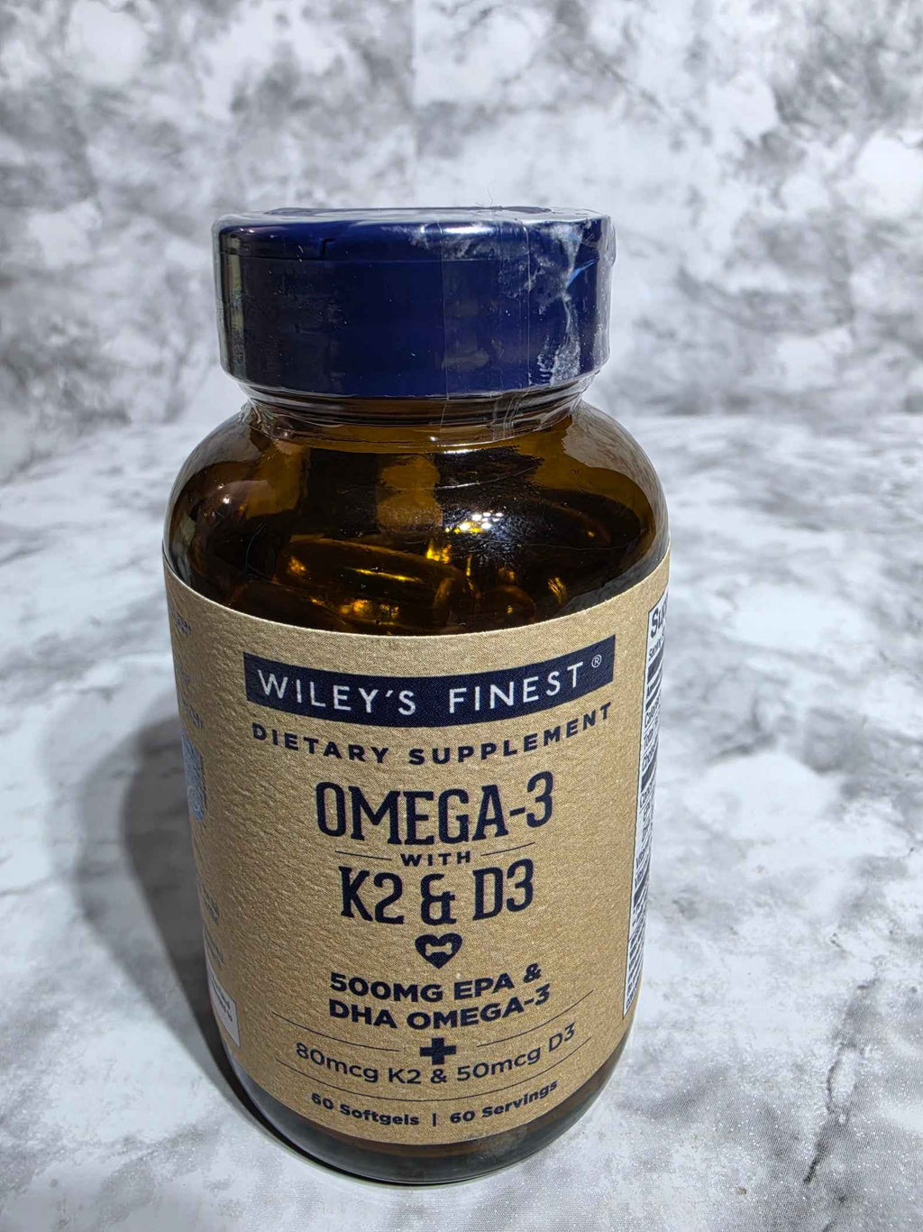 Actual stocked Wiley's Finest Omega-3 with K2 and D3 60-softgel bottle
