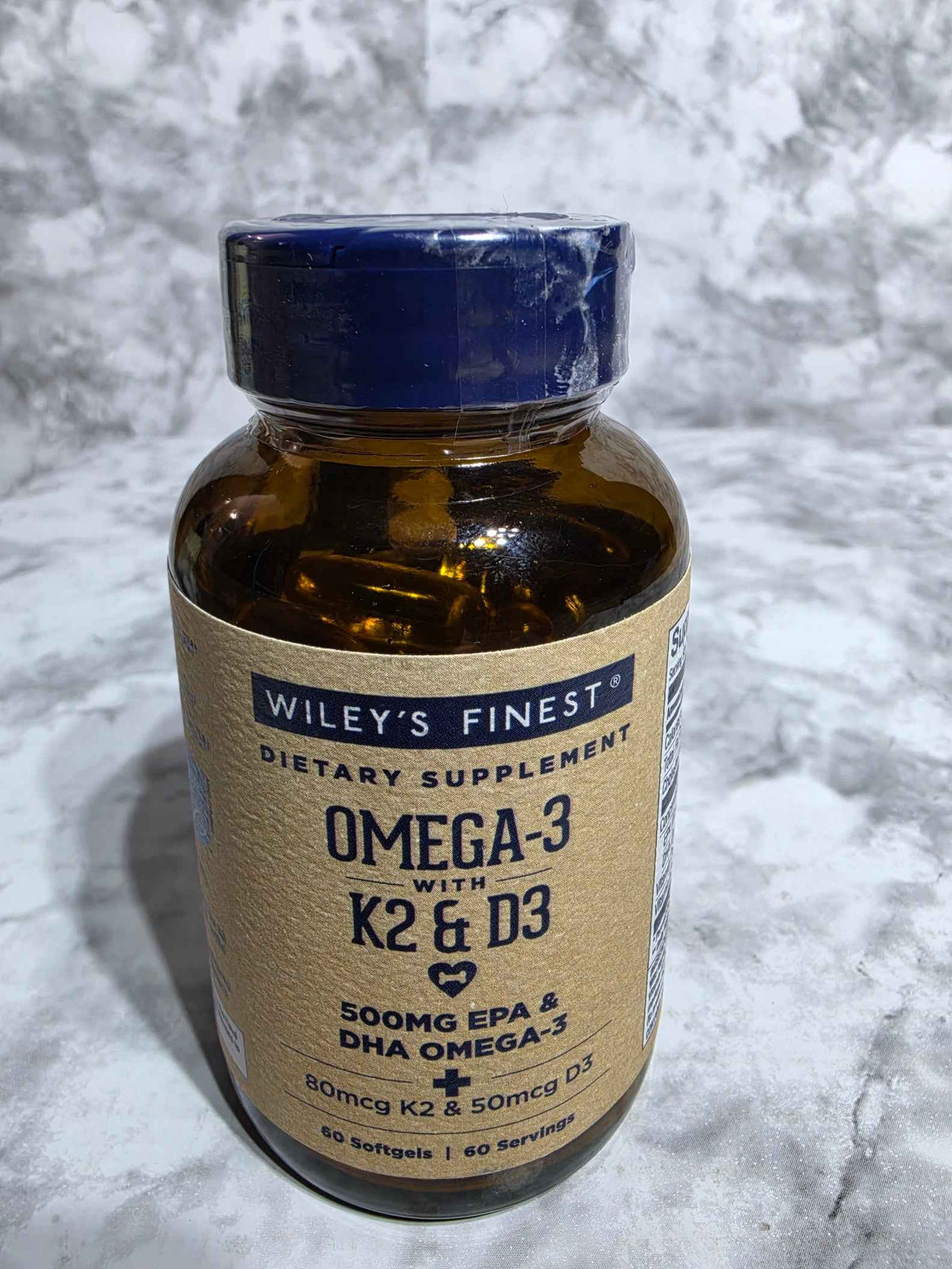 Actual stocked Wiley's Finest Omega-3 with K2 and D3 60-softgel bottle
