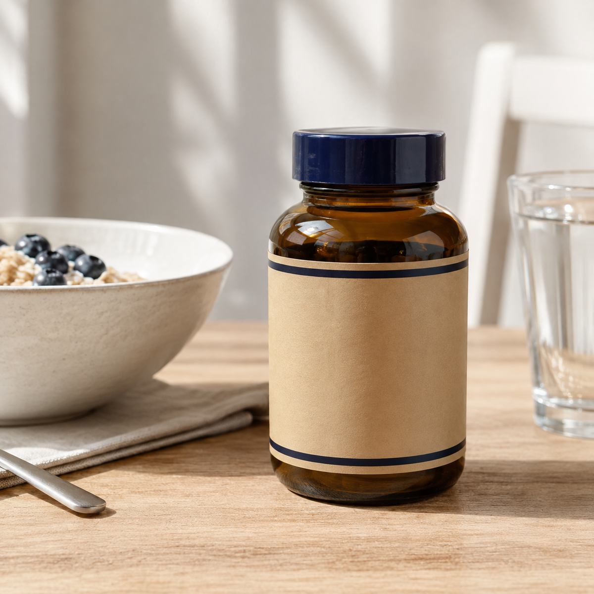 AI-generated rear view of an amber supplement bottle beside breakfast and water