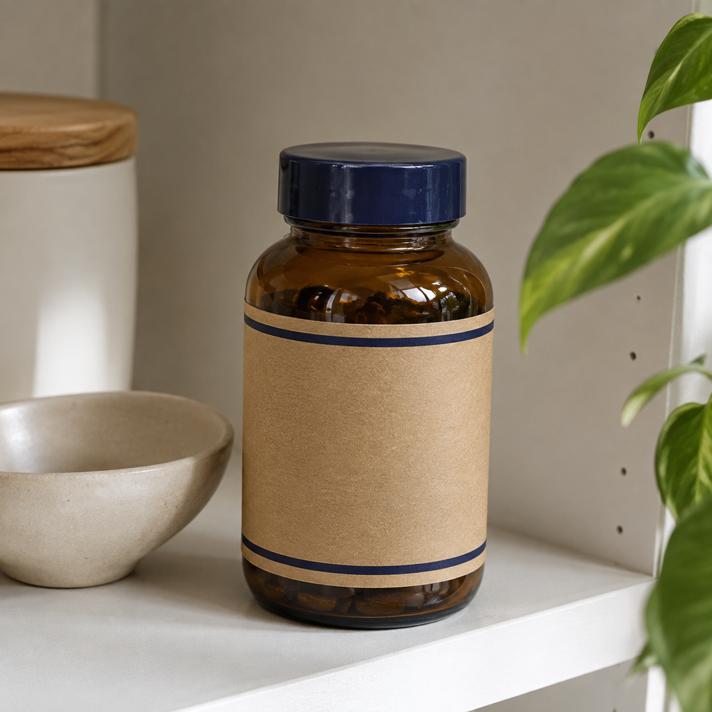 AI-generated rear view of an amber supplement bottle on a pantry shelf