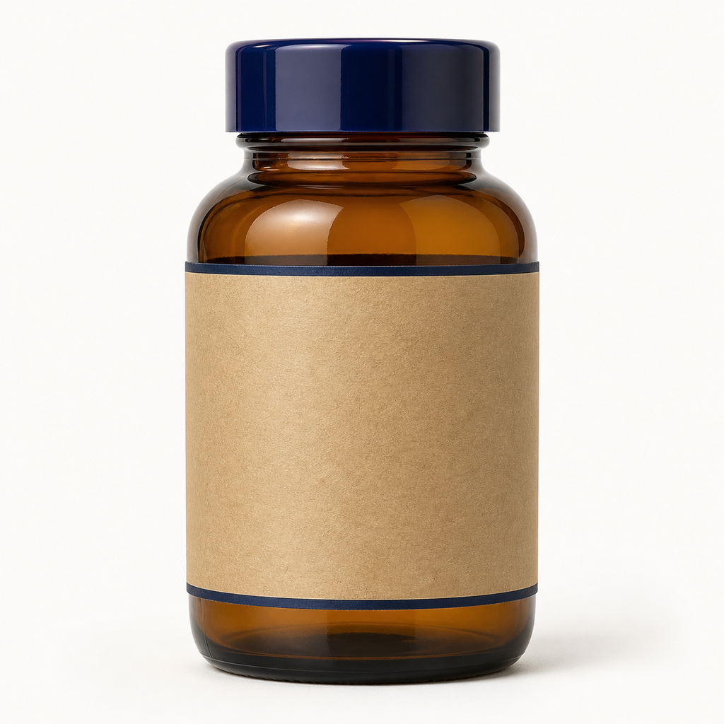 AI-generated studio rear view of an amber supplement bottle with a blank label