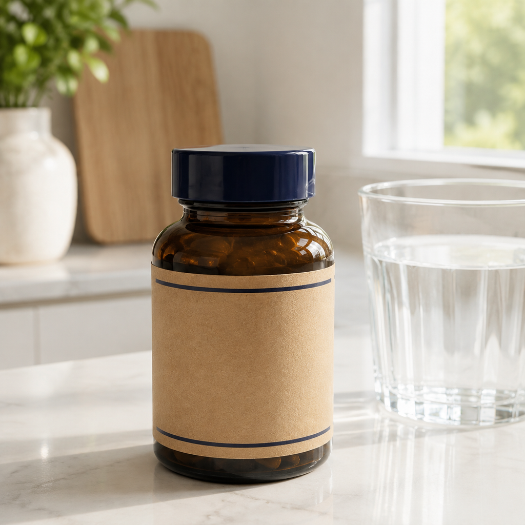 AI-generated rear view of an amber supplement bottle beside a glass of water