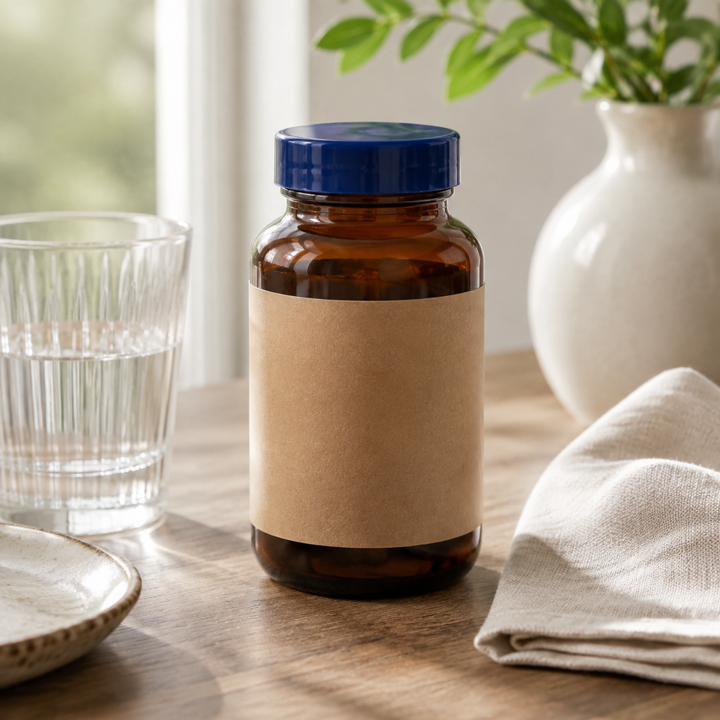 Wiley's Finest Peak DHA 60 softgels — AI-generated breakfast context with blank-label bottle and water; actual stocked product is image 1.