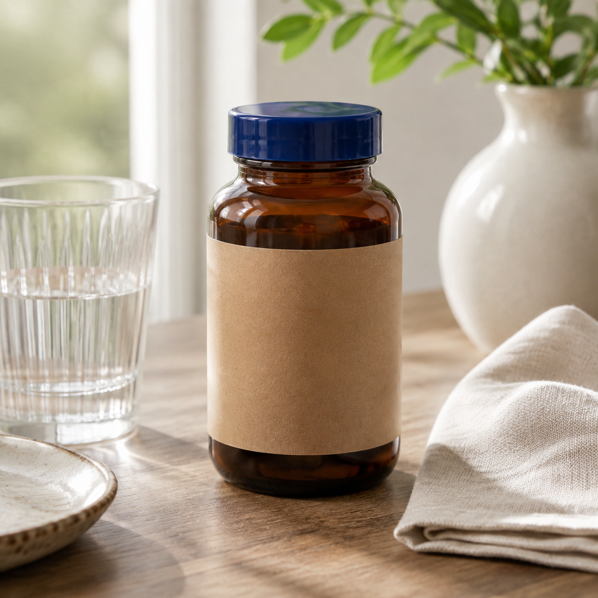 Wiley's Finest Peak DHA 60 softgels — AI-generated breakfast context with blank-label bottle and water; actual stocked product is image 1.