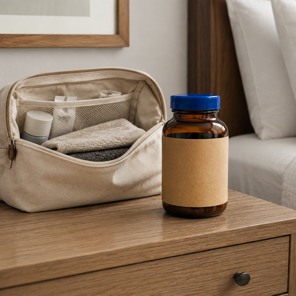 Wiley's Finest Peak DHA 60 softgels — AI-generated travel context with blank-label bottle and toiletry bag; actual stocked product is image 1.