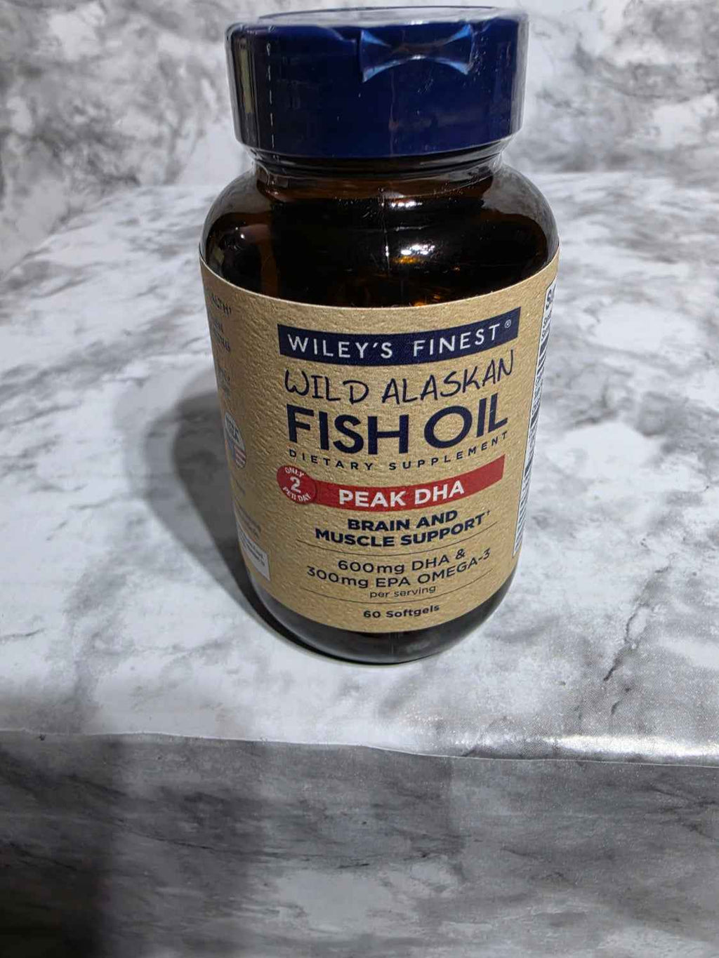 Actual stocked Wiley's Finest Peak DHA Wild Alaskan Fish Oil bottle, 60 softgels, front label