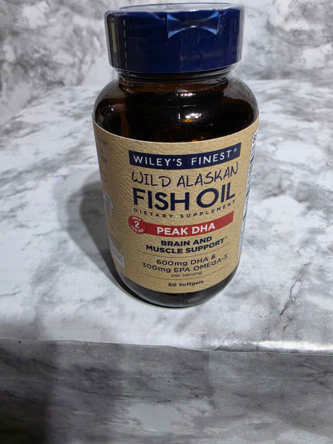 Actual stocked Wiley's Finest Peak DHA Wild Alaskan Fish Oil bottle, 60 softgels, front label